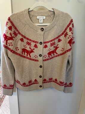 Rachel Zoe Beige Cardigan with Red Reindeer Motif